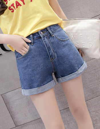 翻边短裤女士短款牛仔裤夏季薄女高腰阔脚裤mwy002 深蓝色 28码 二尺