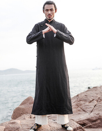 中国风民国长衫男士汉服棉麻唐装外套中式立领大襟男装禅修居士服