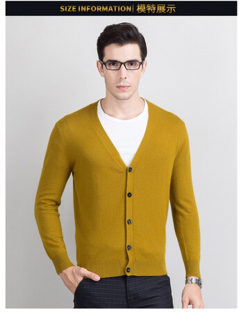 男士羊绒开衫v领长袖大码纯羊毛衫针织外套毛衣男装韩版修身 将军黄 s