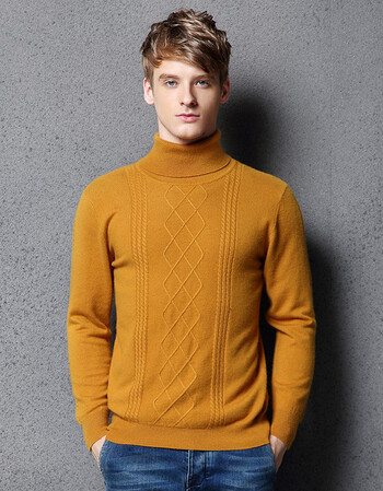 艾方鸟 秋冬男装高翻领菱形麻花羊绒衫男针织提花扭花毛衣打底毛衫