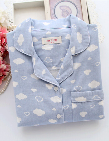 夏尔维纳纯棉双层纱布家居服女春夏秋 全棉长袖长裤开衫睡衣套薄款