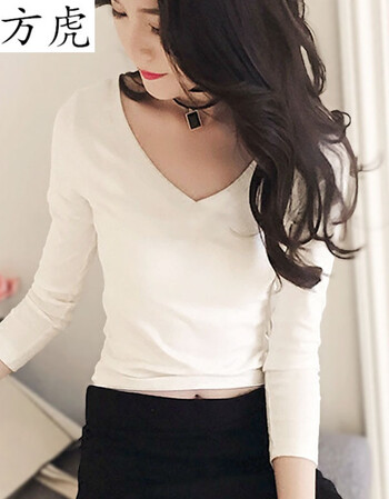 秋小心机打底衫女长袖露脐上衣性感紧身短款高腰v领t恤漏肚脐 白色 m