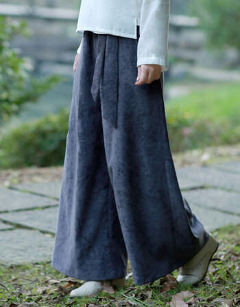 复古中国风女装汉服汉元素灯芯绒裤子阔腿长裤c1 灰紫色(现货) s