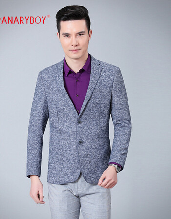 马柯尔 2018春季新款男装男士休闲西装 格纹修身单排粒扣西服 灰色
