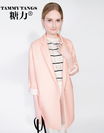 
                                        TAMMYTANGS糖力2015秋装新品裸色通勤淑女落肩廓型长款翻领外套女 菊粉裸 XXS                
