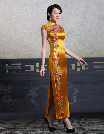 夏尔维纳旗袍改良长款优雅修身复古绣花亮光绒宴会演出旗袍连衣裙女