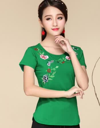 2018夏季 中国风女装 修身刺绣花大码打底上衣 绿色 3xl