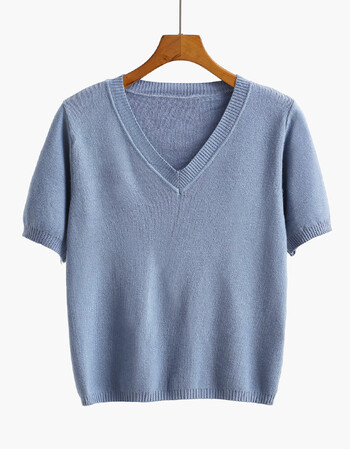 v领打底针织衫女套头韩版学生宽松百搭短款毛衣 蓝色 均码