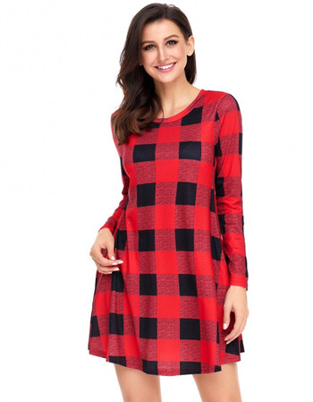 欧美迷你礼服多色格子圆领长袖有口袋高腰女式连衣裙220183 黑红色 s