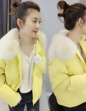 右小姐黄色毛领短款加厚韩版小个子羽绒服2017欧洲冬装新款欧货站潮