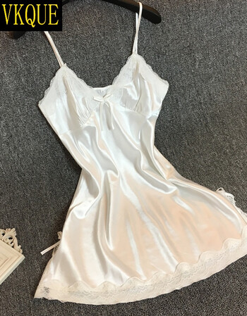 vkque 韩版真丝吊带睡裙女蕾丝性感睡衣大码诱惑丝绸家居服 白色 m