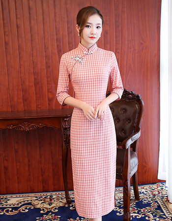 文艺条纹格子旗袍中长款秋2017新款棉麻复古修身旗袍裙xy 红黑竖条