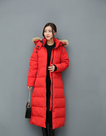 昂夕羽绒服女中长款新款韩版修身加厚连帽时尚保暖纯色女装7610 红色