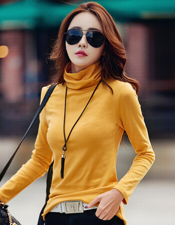 高领打底衫女秋冬长袖t恤紧身加绒加厚保暖衣服纯棉百搭上衣小衫 黄色