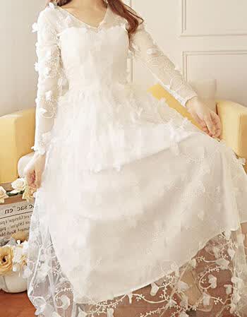 仙女裙公主裙度假长袖连衣裙蕾丝裙雪纺裙文艺立体花朵大摆裙子 白色