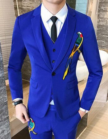 【下单599】新郎伴郎结婚礼服西服套装发型师刺绣西装三件套 蓝色 s