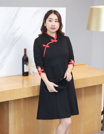 2017秋季新款加肥加大码女装胖mm长袖中国风改良旗袍连衣裙200斤 黑色