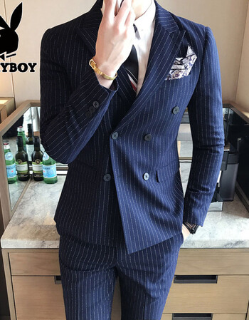 新郎结婚礼服男士韩版修身青年条纹小西装三件套潮 藏蓝色(双排扣 三