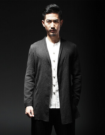 中国风男装春秋款汉服男士外套青年休闲唐装中长款开衫男 黑色 m