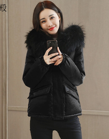 款纯色棉衣外套女韩版修身显瘦2017冬季新款棉服大毛领加厚棉袄 黑色