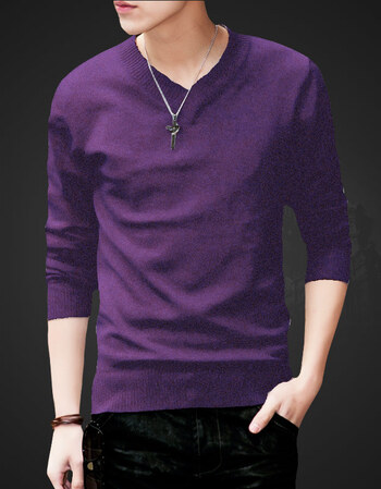 秋冬季男士卫衣t恤长袖上衣服男装韩版打底衫秋衣保暖针织衫毛衣 紫色