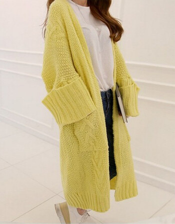 韩国慵懒宽松长款粗棒针大毛衣外套女17款针织开衫厚 黄色 均码