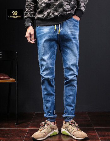 系带哈伦裤男修身牛仔裤宽松大码弹力束脚松紧腰系带裤子男 浅蓝色 l