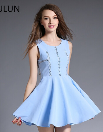 拼接连衣裙女夏新款2017无袖背心裙大摆修身显瘦小清新公主裙 天蓝色