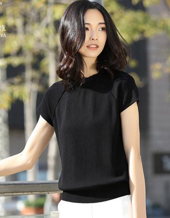 2018夏装天丝针织短袖女宽松套头圆领半袖针织衫黑色小心机上衣女sn