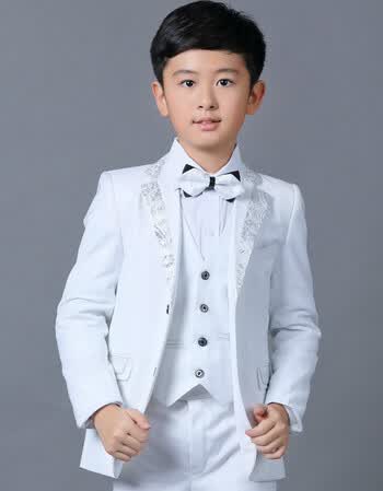男童礼服小西装套装 花童男孩钢琴演出服白色西服中大童秋冬 白色西装