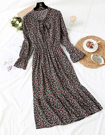 新款复古田园小清新蝴蝶结碎花裙长袖雪纺连衣裙印花长裙sn4295 深色