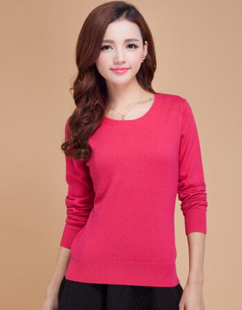 薄款秋冬圆领毛衣女套头宽松针织衫长袖短款低领打底衫羊毛衫 玫红色