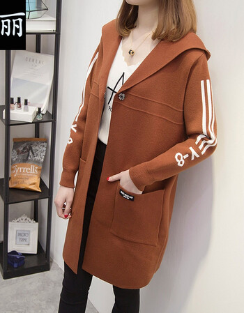 纨丽女开衫加厚中长款连帽针织衫大码宽松显瘦毛衣外套春秋装新款女装