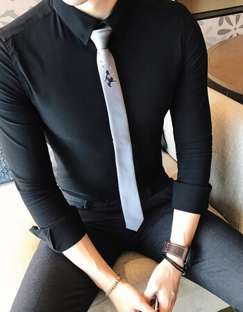 白衬衫男士长袖衬衣修身韩版青年商务纯色寸衫男上班职业工装 黑色 l