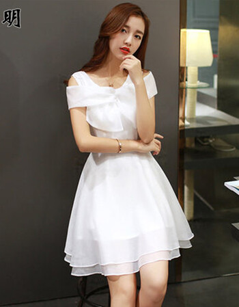 休闲修身甜美一字领露肩蝴蝶结白色a字裙子中裙 欧根纱连衣裙hm-008