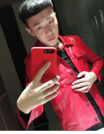 网红同款皮衣外套修身社会精神小伙皮夹克冬装潮男红人馆冬季 红色 l