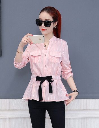 代购条纹衬衫女长袖2018春季新款韩版收腰显瘦上衣休闲女装时尚打底衫