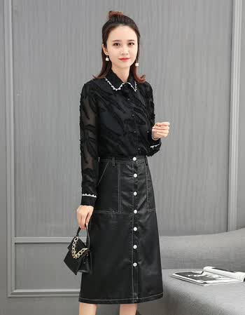 年时尚套装连衣裙女装秋冬季韩版新款中长款加绒半身皮裙两件套 黑色