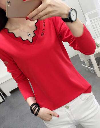 bf风个性显瘦土t恤长袖秋衣丅血皿打底杉女衫秋冬装小衫上衣 红色 m