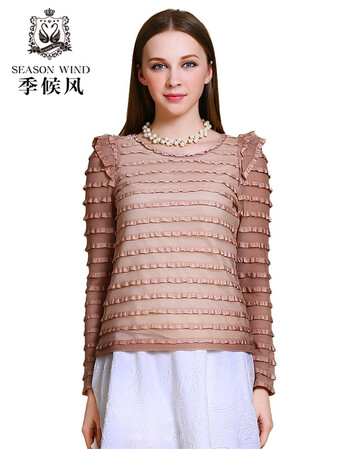 季候风春季新品通勤时尚OL蕾丝条纹拼接修身打底女装套头 衬衫D8110CA4183. 灰粉PK4 M/160