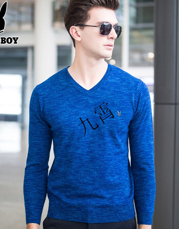 旗舰店羊毛衫男薄款秋冬新款花纱羊羔毛男装打底衫v领毛衣 蓝色 180