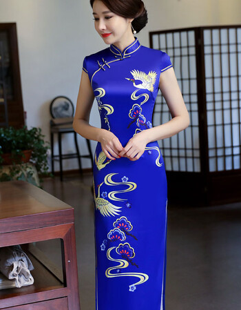 觅号女装中国风仿丝绸大码印花双层长款旗袍 蓝 m