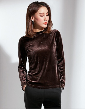 打底衫秋冬季新款女装时尚心机设计感女土钉珠保暖加厚上衣 咖啡色 m