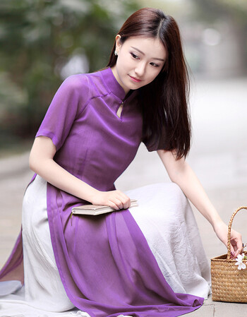 饵文艺复古民族风女装长裙中国风两件套越南正宗奥黛旗袍连衣裙 紫色