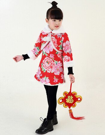 儿童过年服装加棉加厚过年汉服冬款小碎花表演服古典民族风套装 大
