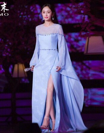 明星杨幂同款跨年演唱会白浅蓝色长裙拼接雪纺礼服连衣裙女早春 蓝色