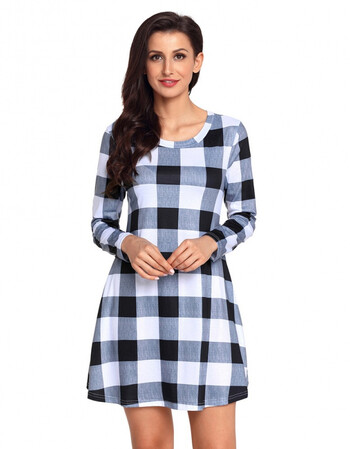 欧美迷你礼服多色格子圆领长袖有口袋高腰女式连衣裙220183 黑白色 s