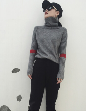 秋冬纯山羊绒衫女高领毛衣加厚宽松套头打底羊毛针织衫拼色袖 灰色 m