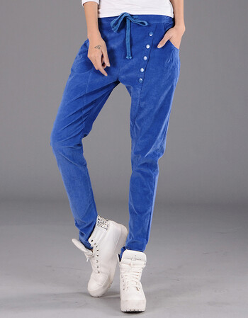 秋季女条绒裤子宽松抽绳松紧腰女裤哈伦裤休闲裤小脚裤长裤潮 蓝色 m