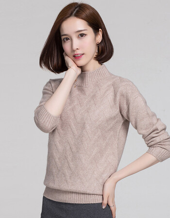 秋冬新款女士半高领色席编花纹山羊绒衫打底衫毛衣百搭套头修身 驼色